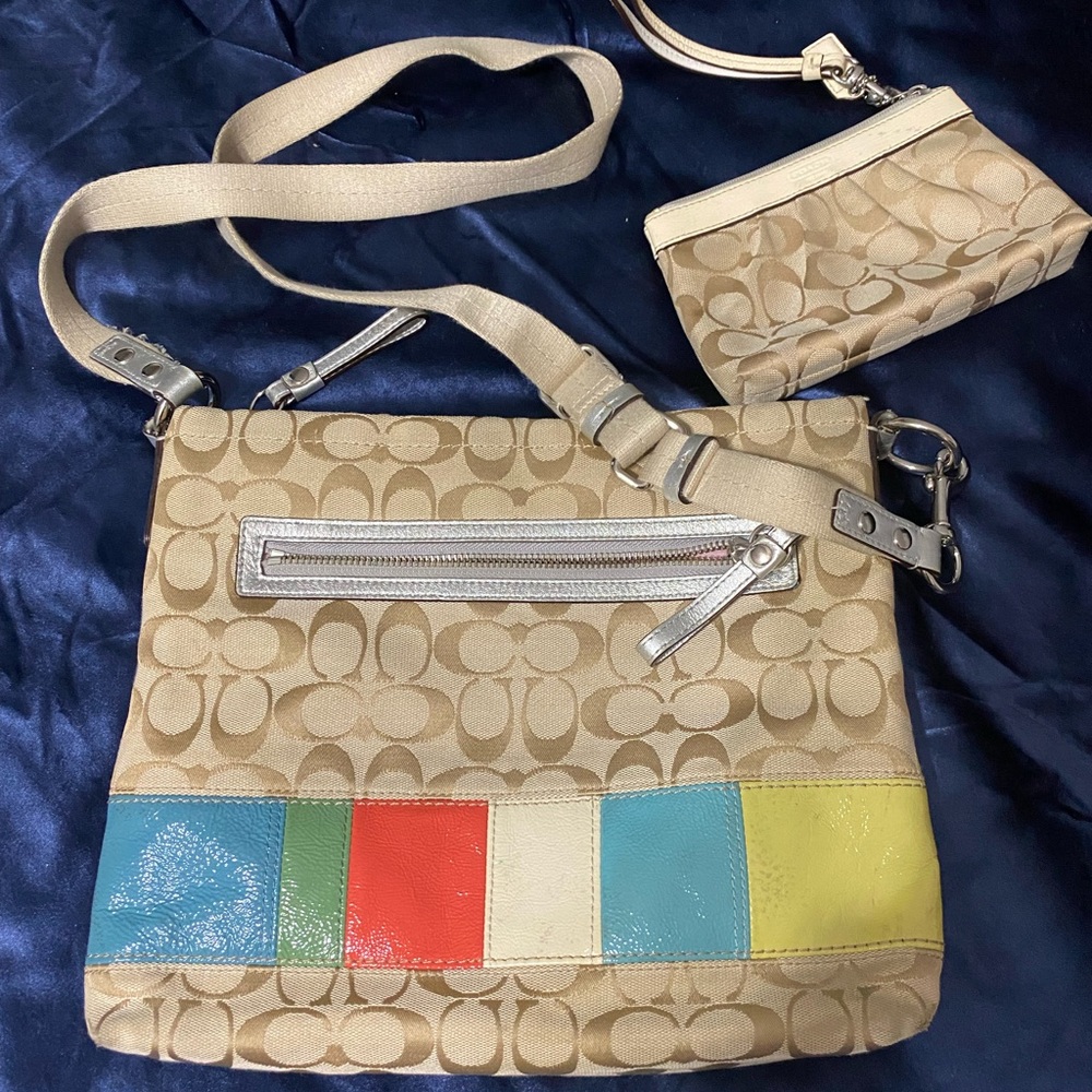 Coach Signature Canvas Crossbody with Multicolor Stripe Accents - Tan/Beige